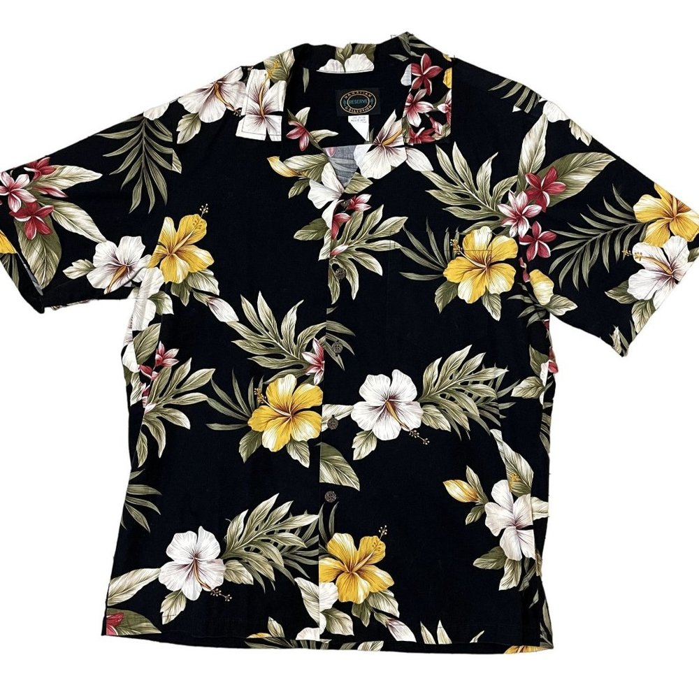 Hawaiian Reserve Collection Black Floral 100% Cotton Men's Short Sleeve Shirt M